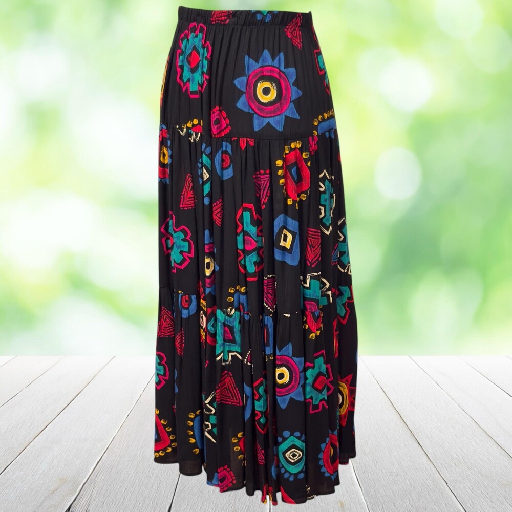 Vintage Artwear Tiered Midi Skirt Colorful Folk Art Geometric Abstract Size S